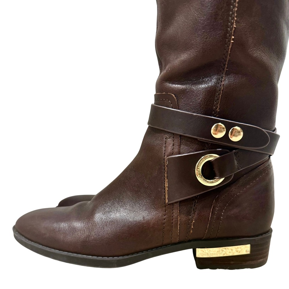 Vince Camuto Riding Boots Womens 8.5 Brown Leather Gold Hardware Tall - Picture 2 of 13